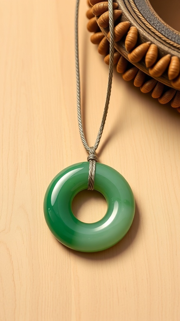 A handmade jade donut necklace with a polished jade pendant on a cord.